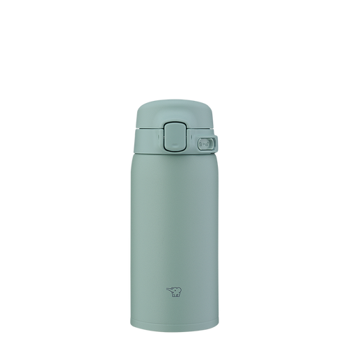 Green thermos bottle on a white background