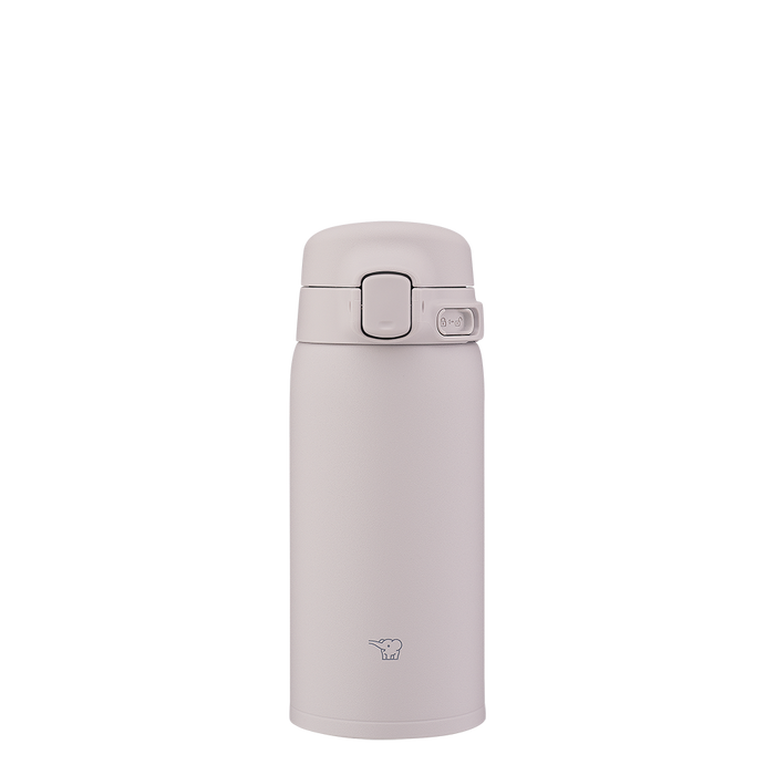 Light gray thermos bottle with a lid on a white background