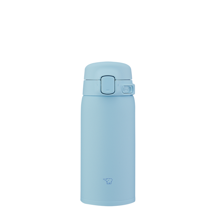 Light blue thermos bottle on a white background