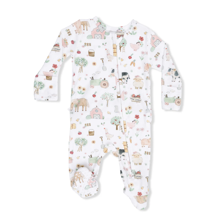 2 Way Ruffle Back Zipper Footie Cute Farm Animals Pink