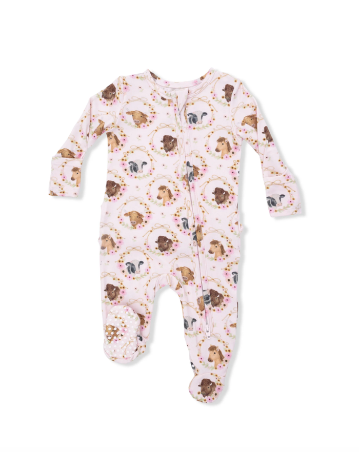 2 Way Ruffle Back Zipper Footie Farm Animals Floral Cameos Pink