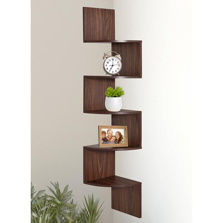 5 Tier Wall Mount Corner Shelves Walnut Finish - EK CHIC HOME