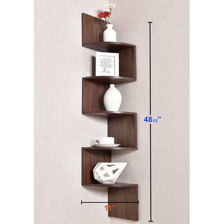 5 Tier Wall Mount Corner Shelves Walnut Finish - EK CHIC HOME