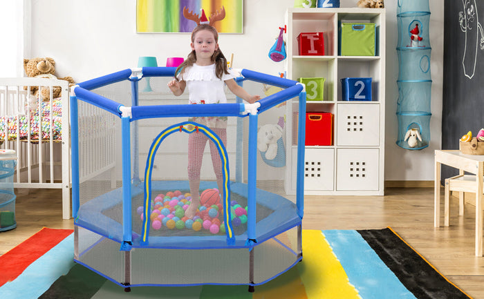 55'' Kids Mini Trampoline with Safety Enclosure Net & Balls