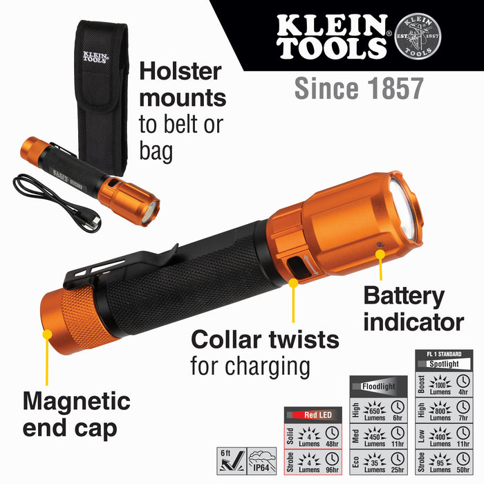 56413 | Klein Tools Rechargeable 2-Color LED Flashlight with Holster