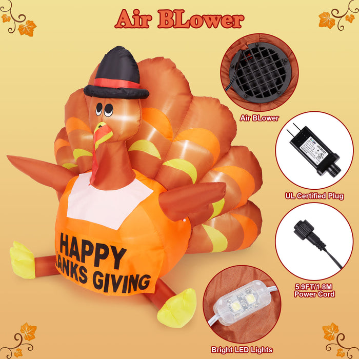 6FT Thanksgiving Inflatable Turkey with LED Light Autumn Outdoor Garden Yard Decorations