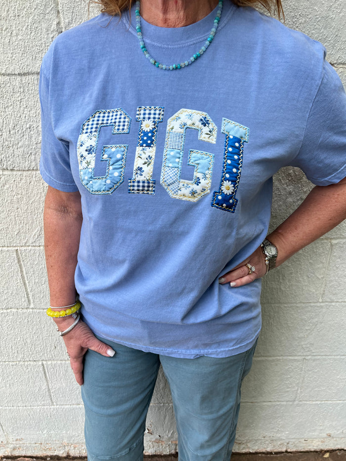 Gigi Patchwork Graphic Tee Washed Denim
