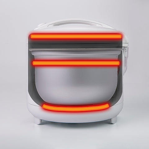 Triple heater generates ideal temperature for tasty rice