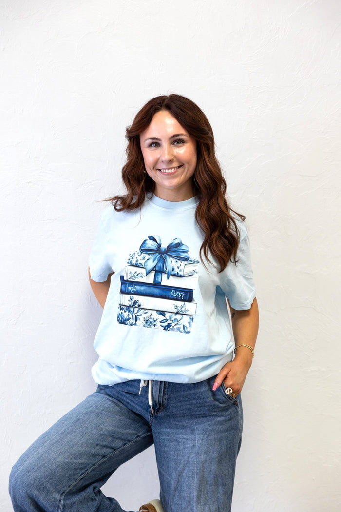 Blue Bow And Books Graphic Tee Blue