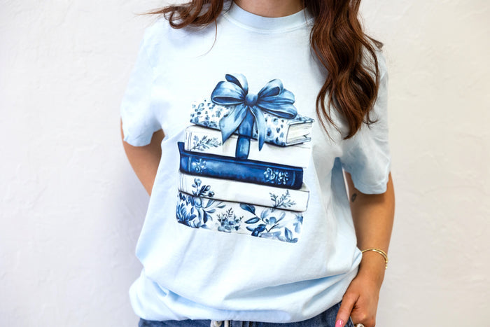 Blue Bow And Books Graphic Tee Blue
