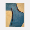 The artwork 'Blue Form on Beige with Black' by Diane Englander features abstract geometric shapes in contrasting colors. A dominant blue angular form intersects with beige background, while curved black lines create dynamic movement. The textural mixed media piece combines paper and acrylic on canvas, showcasing minimalist composition with organic curves.