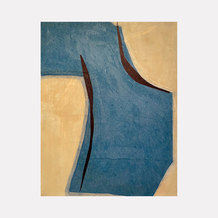 The artwork 'Blue Form on Beige with Black' by Diane Englander features abstract geometric shapes in contrasting colors. A dominant blue angular form intersects with beige background, while curved black lines create dynamic movement. The textural mixed media piece combines paper and acrylic on canvas, showcasing minimalist composition with organic curves.