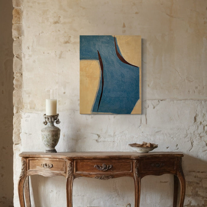A photo of the artwork Blue Form on Beige with Black , by Diane Englander, hanging on a wall.