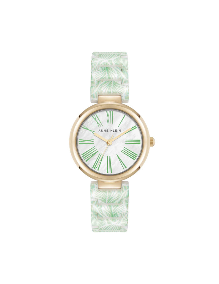 Anne Klein Green Leaves/Gold-Tone Botanical Pattern Ceramic Bracelet Watch