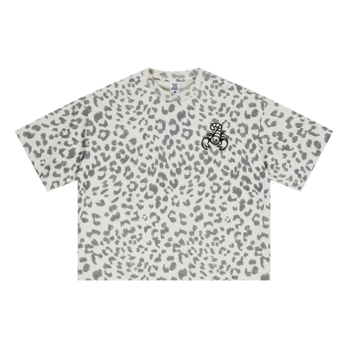 240GSM Unisex Boxy Leopard Print Heat-Transfer Loose T-shirt Gray apricot
