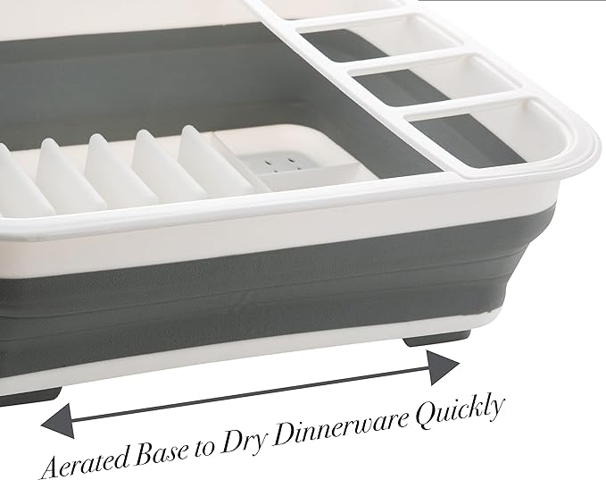 Collapsible Dish Drying Rack | Space-Saver with Aerated Drain Holes | White/Grey
