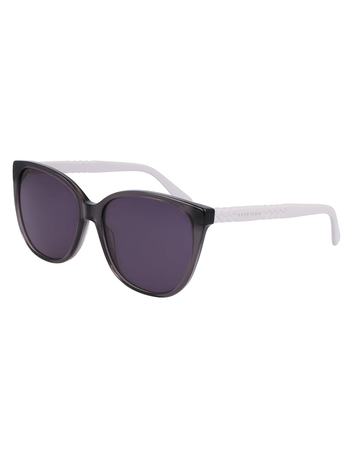Anne Klein crystal gray cat-eye sunglasses with purple lenses and white braided temples