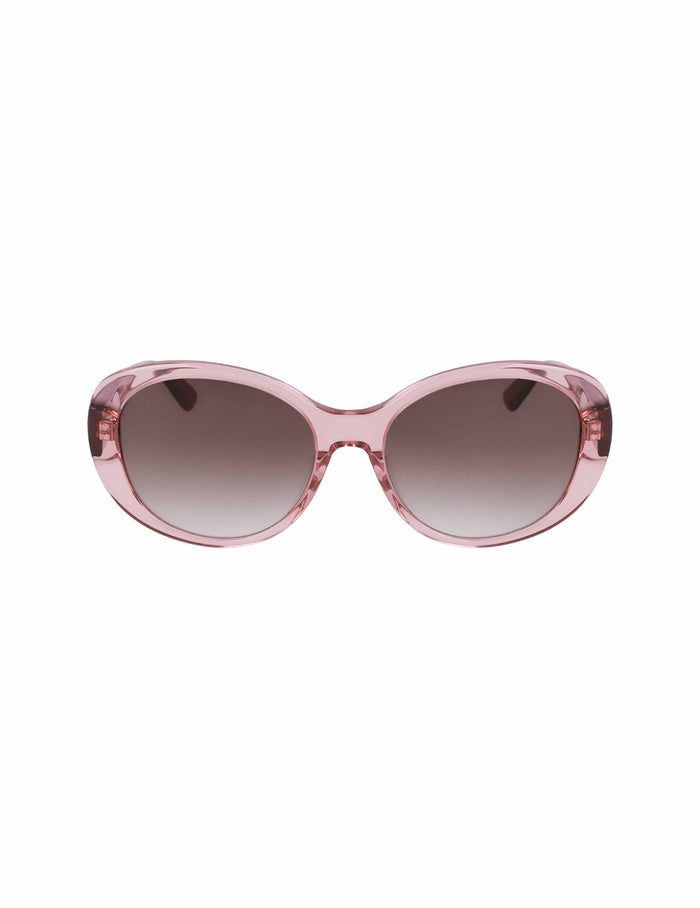 Crystal pink oval sunglasses with gradient brown lenses and translucent acetate frame