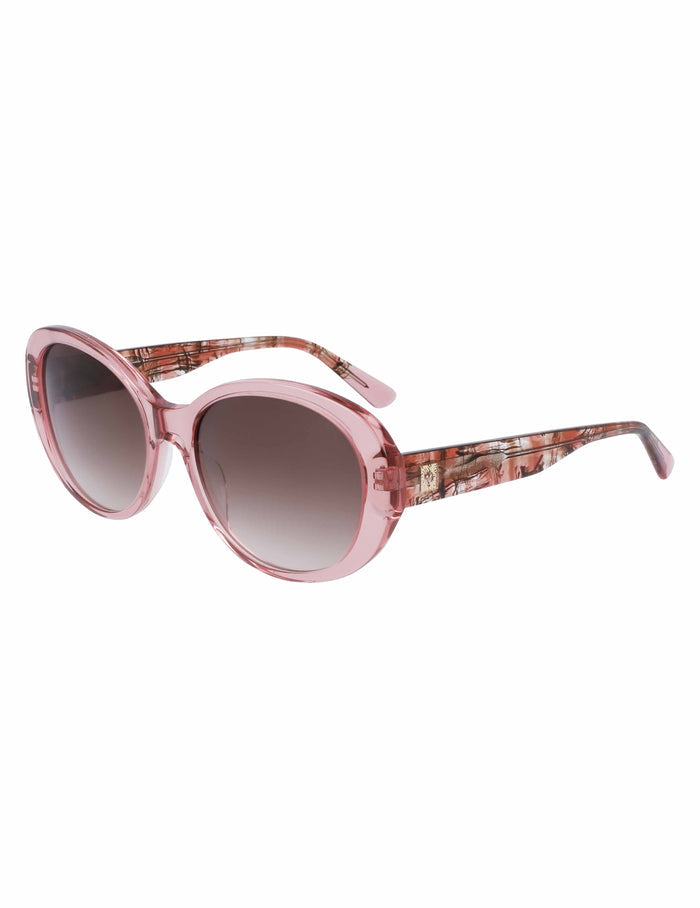 Crystal pink oval sunglasses with gradient brown lenses and floral patterned temples