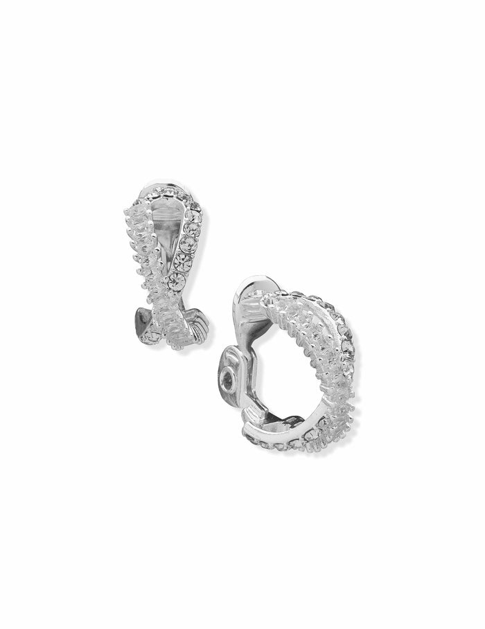 Anne Klein Silver-Tone Crystal Pave Baguette Hoop Clip Earrings