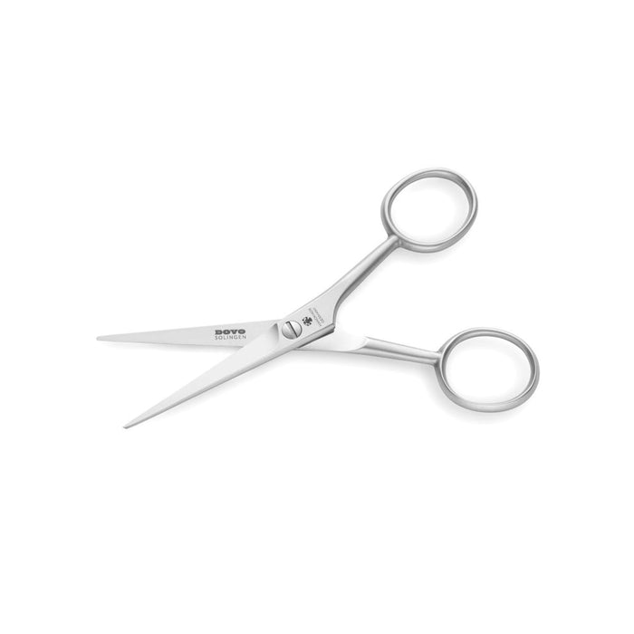DOVO Solingen stainless steel beard and moustache scissors opened with fine pointed blades on a white background