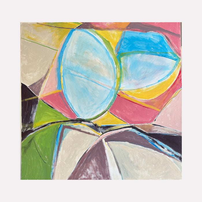 The artwork 'Dueling Skullcaps' by Beth Barry features abstract geometric shapes in vibrant colors. Two prominent light blue oval forms dominate the composition, surrounded by angular segments in pink, yellow, green, and brown. Bold brushstrokes and clean lines create a dynamic, modernist composition on canvas with acrylic paint. - By Beth Barry