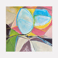 The artwork 'Dueling Skullcaps' by Beth Barry features abstract geometric shapes in vibrant colors. Two prominent light blue oval forms dominate the composition, surrounded by angular segments in pink, yellow, green, and brown. Bold brushstrokes and clean lines create a dynamic, modernist composition on canvas with acrylic paint. - By Beth Barry