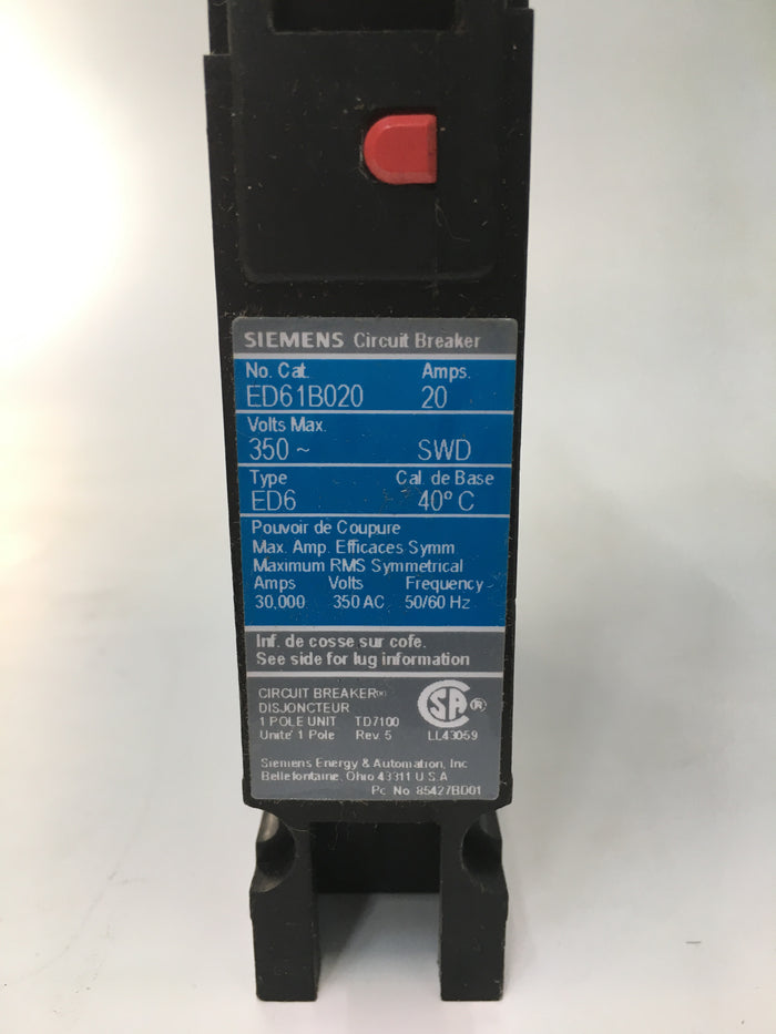 ED61B020 - Siemens Molded Case Circuit Breaker, Single-Pole, 20 Amp