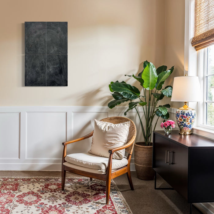 Erasure 42 by Erika Mahr: Abstract minimalist artwork in dark charcoal tones with textural elements on panel displayed in modern living space