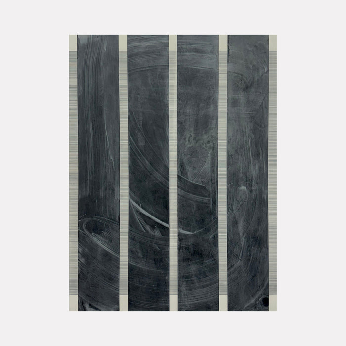 The artwork 'Erasure 46' by Erika Mahr features four vertical panels with deep charcoal-gray textured strokes on a light background. Dynamic sweeping marks and subtle variations in tone create a minimalist abstract composition, showcasing the interplay of charcoal, paint, and graphite on dura-lar panel.
