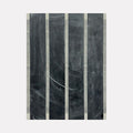 The artwork 'Erasure 46' by Erika Mahr features four vertical panels with deep charcoal-gray textured strokes on a light background. Dynamic sweeping marks and subtle variations in tone create a minimalist abstract composition, showcasing the interplay of charcoal, paint, and graphite on dura-lar panel.