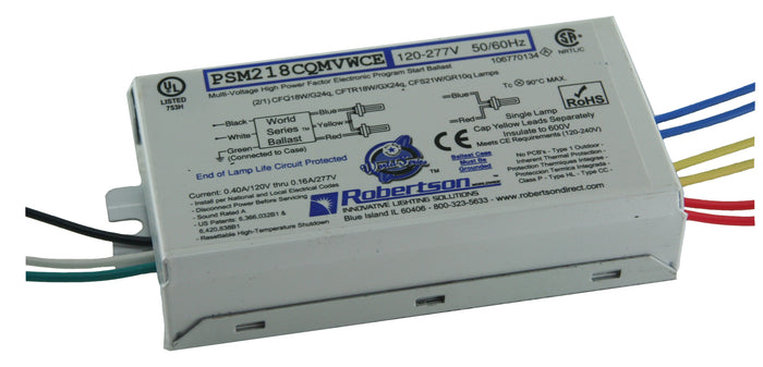 Fluorescent eBallast, 2 CFQ18W/G24q CFL Lamp, Program Start, 120-277Vac, 50-60Hz, Normal Ballast Factor, HPF, w/ Side Leads, Meets CE Requirements,                                                   Model PSM218CQMVWCE /S