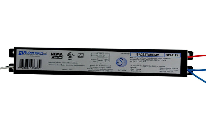 Fluorescent eBallast, 2 F32T8 Linear Lamp, Instant Start, 120-277Vac, 50-60Hz,                Normal Ballast Factor, HPF, Model NEMA Premium, ISA232T8HEMV  /A                                                        (Replaces Model ISU232T8HEMV /A)