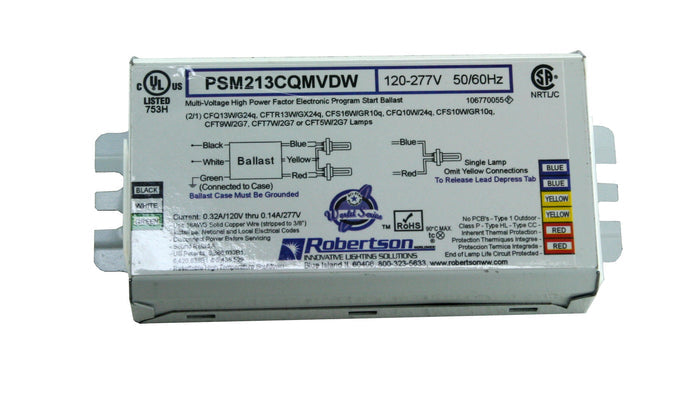Fluorescent eBallast for 2 CFQ13W/G24q CFL Lamps, Program Start, 120-277Vac, 50-60Hz, Normal Ballast Factor, HPF, Dual Entry Connector, Model PSM213CQMVDW /S
