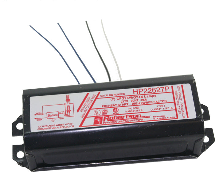 Fluorescent mBallast for 2 CFQ26W/G24d, CFTR26W/GX24d CFL Lamps, Preheat Start, 277Vac, 60Hz, Normal Ballast Factor, HPF, Model HP22627P     /A