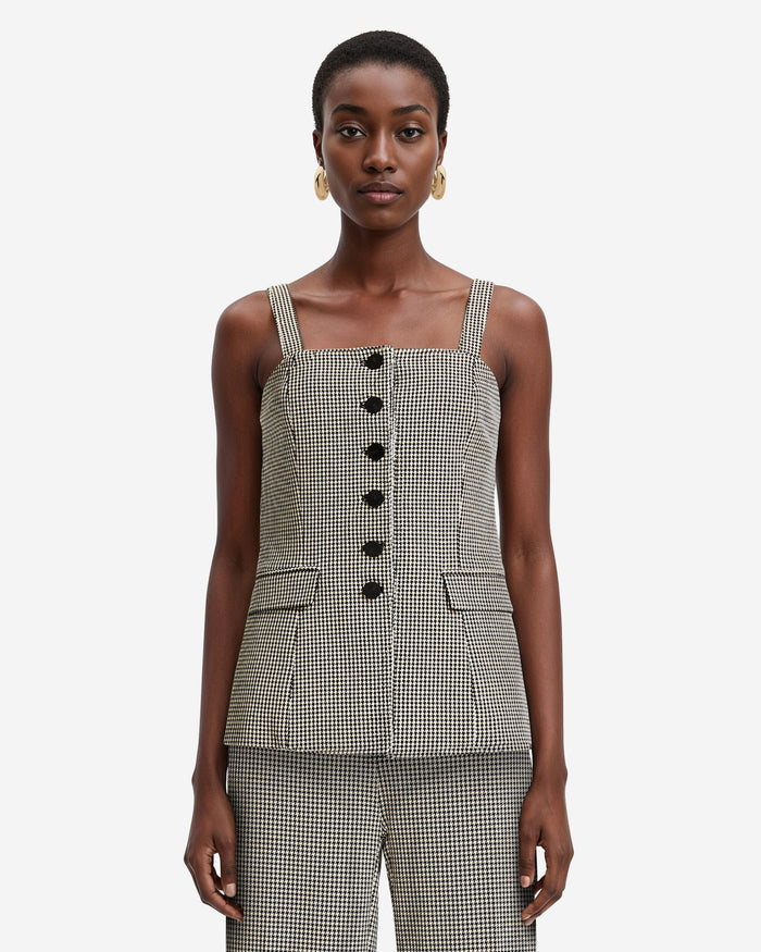 Anne Klein black and cream houndstooth button-front vest with square neckline, wide straps, and patch hip pockets