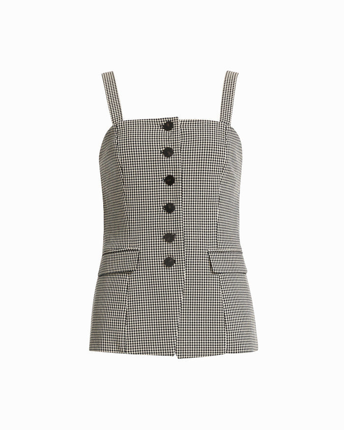Black and white houndstooth front button vest with square neckline, shoulder straps, and front patch pockets