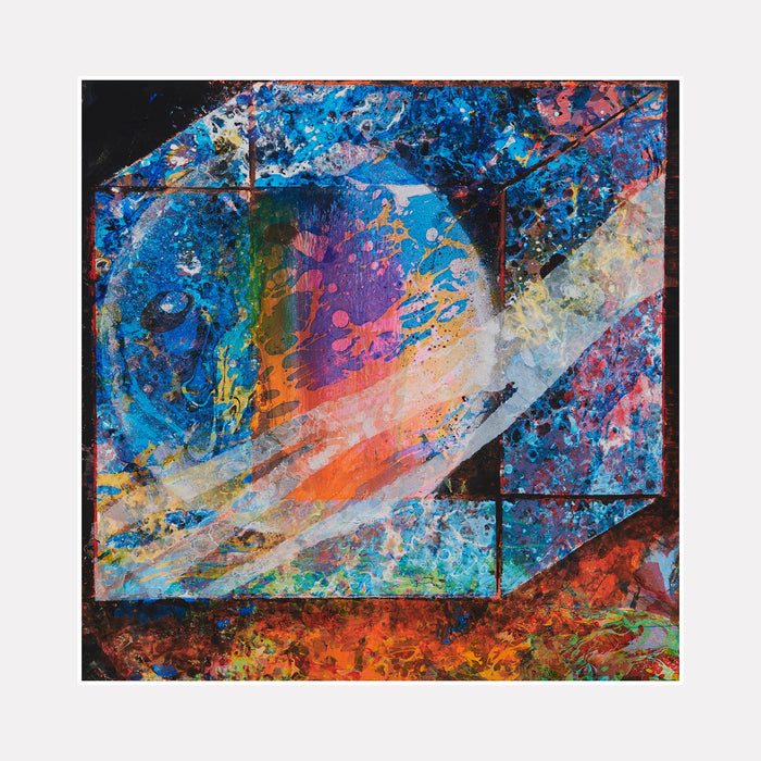 The artwork 'Galaxy Delivery' by Millie Benson features a vibrant abstract cosmic landscape with swirling blues, oranges, and pinks. Dynamic brushstrokes and spray paint techniques create a celestial effect, while geometric divisions segment the composition. Mixed media elements including gouache and conte crayon add texture and depth to this otherworldly scene on wood panel. By Millie Benson.