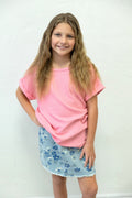 Girls Textured Rib Knit Roll Sleeve T-Shirt Pink