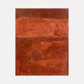The artwork 'Gray Lines on Rust II' by Diane Englander features a minimalist abstract composition with deep rust-colored horizontal sections layered with subtle gray linear elements. Mixed media artwork combines papers, fabric, and acrylic paint creating rich textural variations across the canvas, with darker tones at top transitioning to warmer rusty hues below.