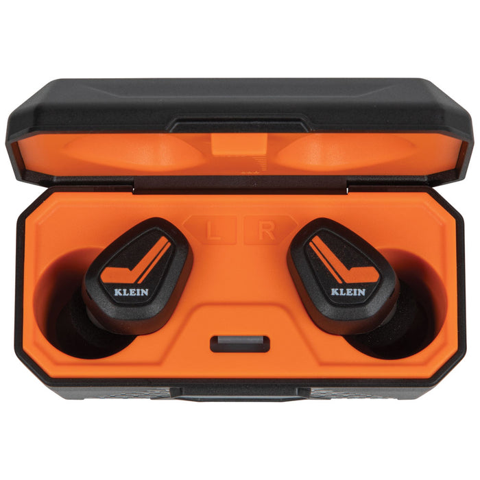 Black Klein tools in an open orange carrying case on a white background