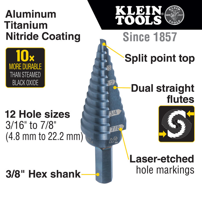 Klein Tools KTSB14 12-Step Drill Bit, 3/8-Inch Hex, Double Straight Flute, 3/16-Inch to 7/8-Inch