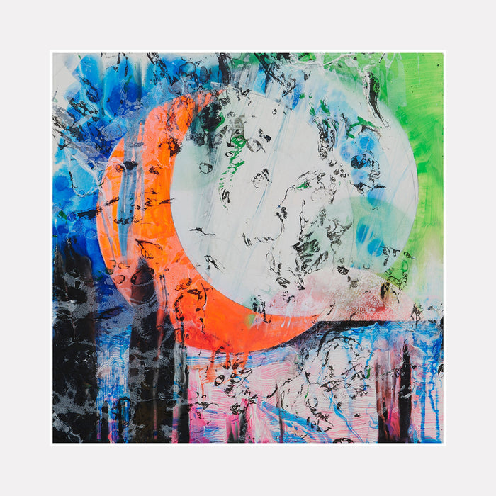 The artwork 'Layered Moons' by Millie Benson features overlapping lunar shapes in vibrant orange and white against an abstract background of electric blue, emerald green, and black. Mixed media technique combines dripping effects and textural elements created with gouache and spray paint, producing a dynamic contemporary composition on wood panel.