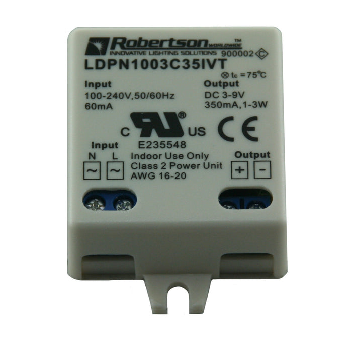 LED Driver, 1-3 Watt, Constant Current, 3-9Vdc, 350mA, 100-240Vac, 64% Efficiency,                        Model LD003C035LIC, Formerly Model LDPN1003C35IVT