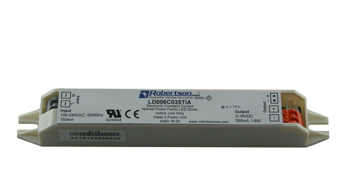 LED Driver, 1-6 Watt, Constant Current, 3-18Vdc, 350mA, 100-240Vac, 81% Efficiency, Model Model LD006C035TIA, Formerly Model LDPZ1006C35IVT