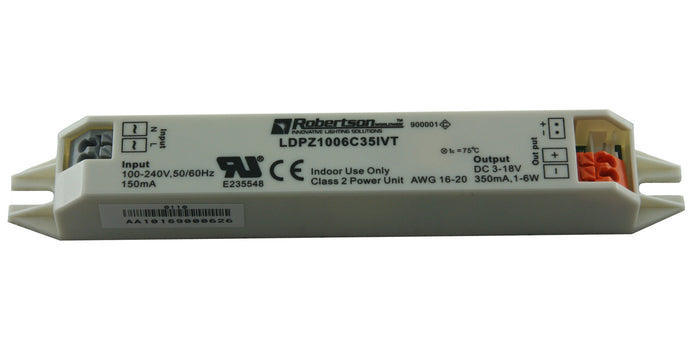 LED Driver, 1-6 Watt, Constant Current, 3-18Vdc, 350mA, 100-240Vac, 81% Efficiency, Model Model LD006C035TIA, Formerly Model LDPZ1006C35IVT