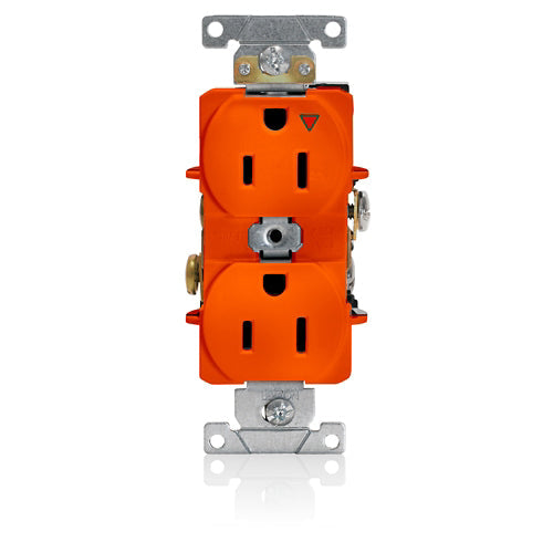 Front view of Leviton 5262-IG 15 Amp Isolated Ground Duplex Receptacle