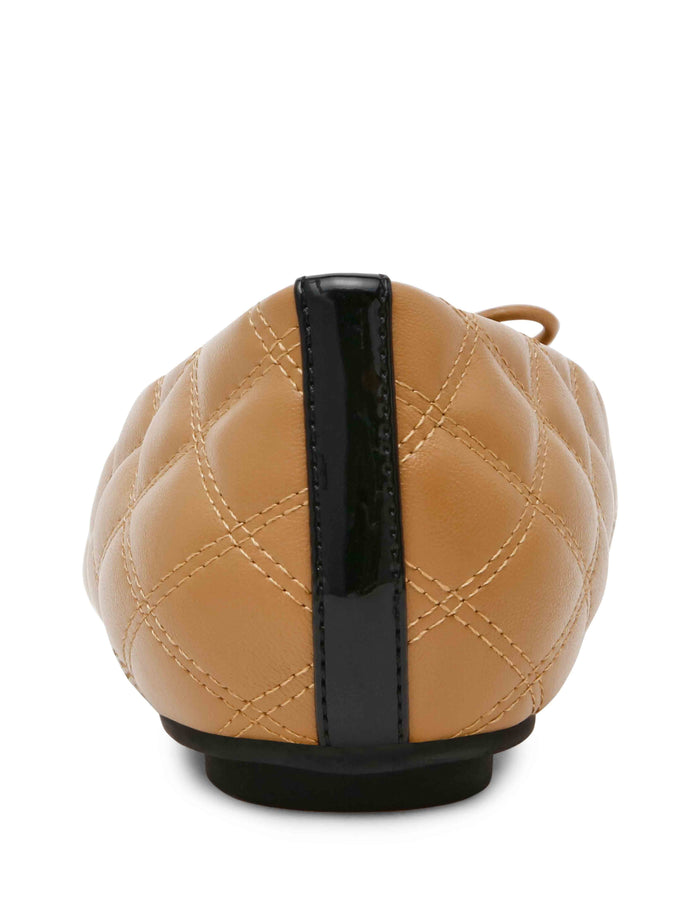 Camel quilted leather ballet flat, back view, black patent heel counter accent, diamond stitch pattern