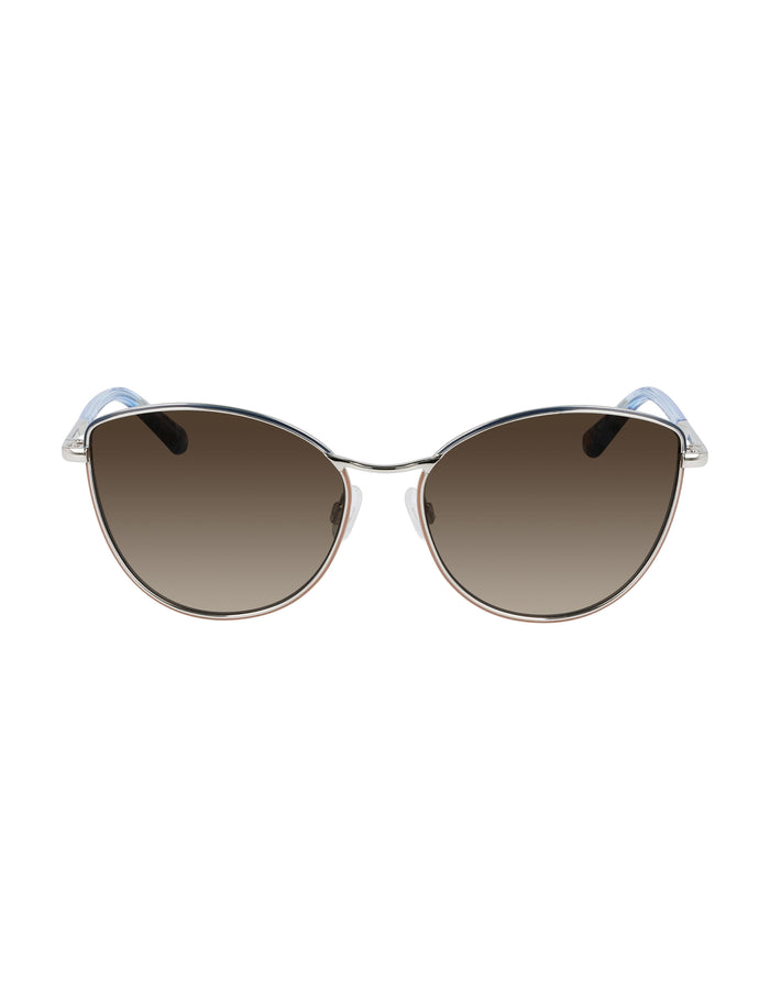 Metal cat-eye sunglasses with silver and navy blue frame, gradient brown lenses, and light blue temple tips