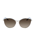 Metal cat-eye sunglasses with silver and navy blue frame, gradient brown lenses, and light blue temple tips